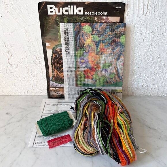 Bucilla Garden Tabby Cat Needlepoint Kit 13" x 10" Pillow Cover Vintage 1994 - Picture 3 of 4